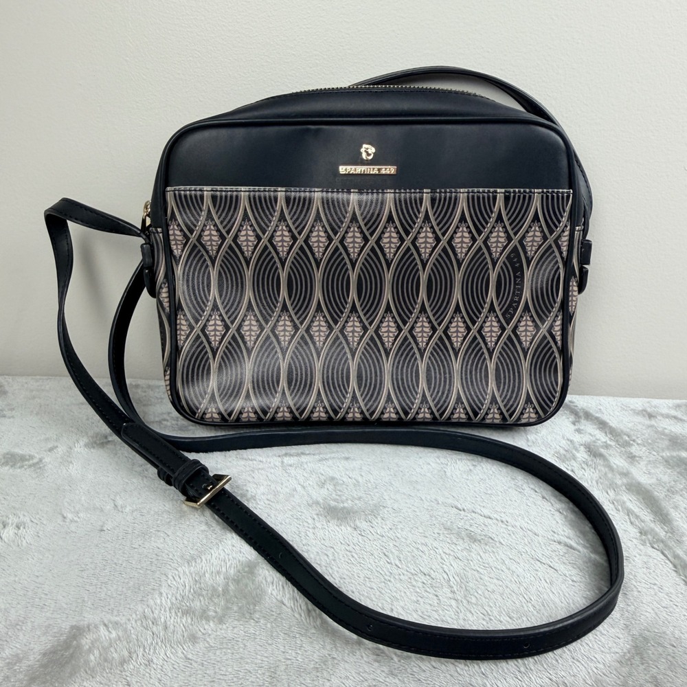 Spartina 449 Black Geometric Pattern Crossbody Bag Gold Tone Hardware Medium